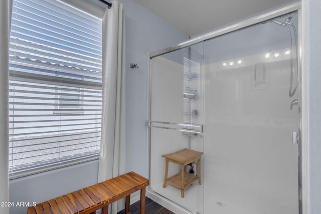 bathroom featuring wood-type flooring and walk in shower