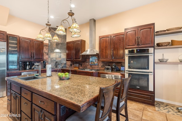 kitchen featuring sink, wall chimney range hood, an island with sink, and stainless steel appliances