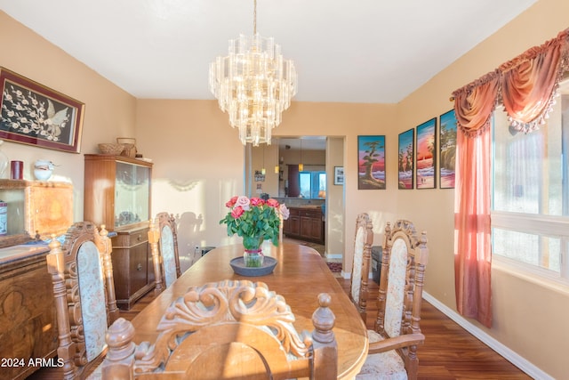 dining area featuring dark hardwood / wood-style flooring and a notable chandelier