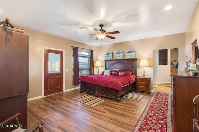 bedroom featuring wood-type flooring and ceiling fan