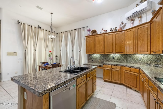 8167 E Sand Flower Dr, Scottsdale, AZ 85266 - kitchen with stainless steel dishwasher, a sink, light tile patterned floors, brown cabinetry, and a wall mounted AC