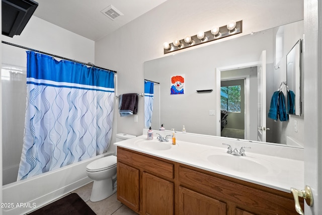 full bathroom with toilet, vanity, shower / bathtub combination with curtain, and tile patterned flooring