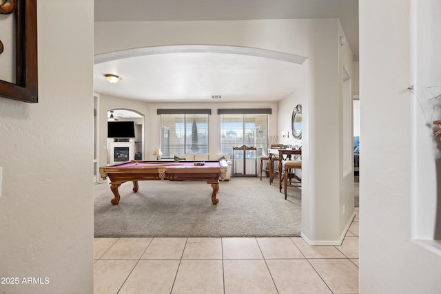 playroom with billiards and light colored carpet