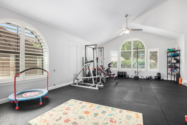 workout room featuring lofted ceiling and ceiling fan