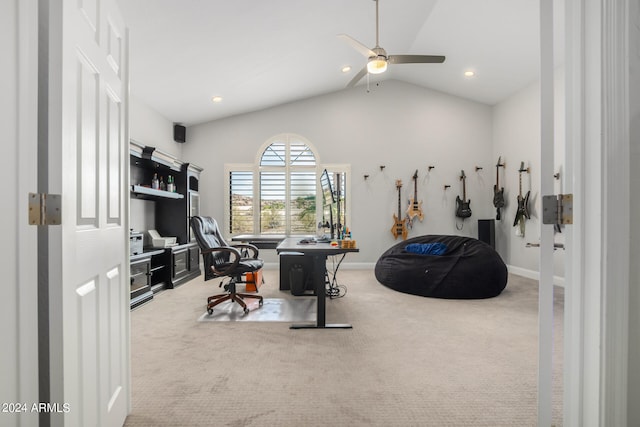 workout area with carpet flooring, vaulted ceiling, and ceiling fan