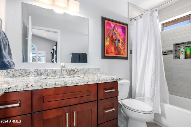 full bathroom featuring vanity, plenty of natural light, toilet, and shower / tub combo