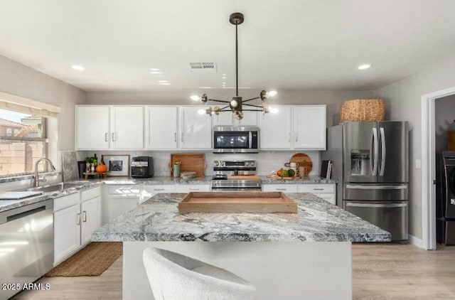 kitchen with visible vents, backsplash, white cabinetry, and stainless steel appliances