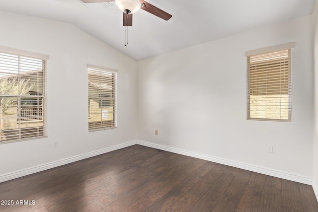 2250 E Deer Valley Rd Unit 26, Phoenix, AZ 85024 - spare room featuring a ceiling fan, dark wood-type flooring, vaulted ceiling, and baseboards