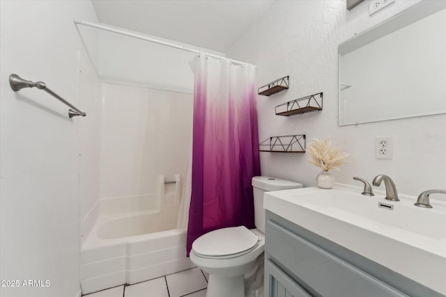 full bath featuring toilet, vanity, tile patterned flooring, and shower / bathtub combination with curtain