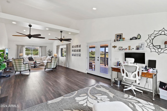 home office with french doors, high vaulted ceiling, and dark hardwood / wood-style flooring