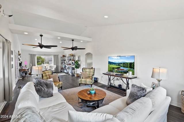 living room with ceiling fan, high vaulted ceiling, and dark hardwood / wood-style flooring