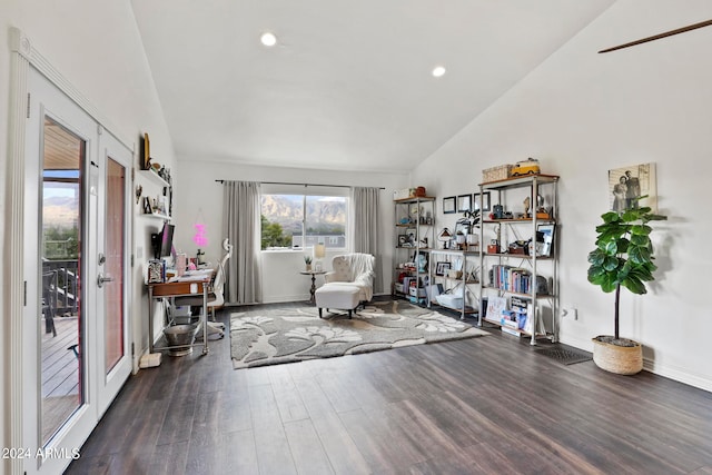 living area featuring french doors, dark hardwood / wood-style floors, and high vaulted ceiling