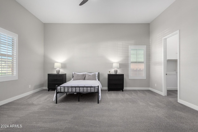 bedroom featuring light carpet, ceiling fan, and a spacious closet