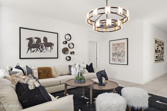 living room with a notable chandelier