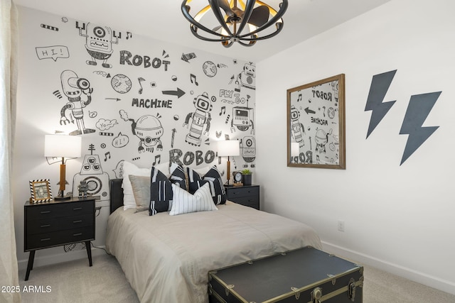 bedroom with carpet and a notable chandelier