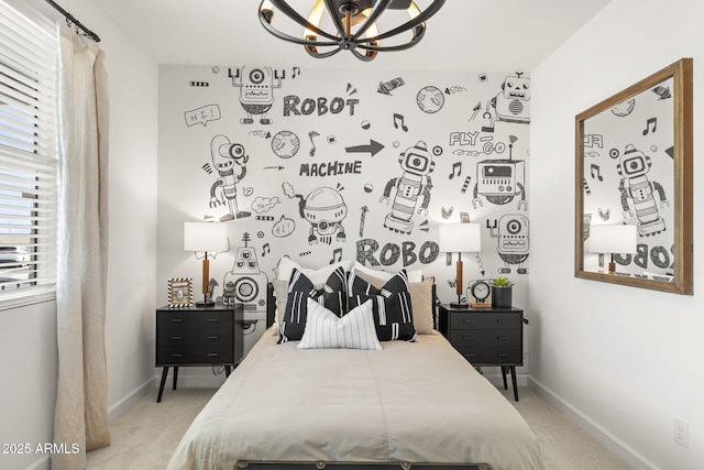 carpeted bedroom with an inviting chandelier