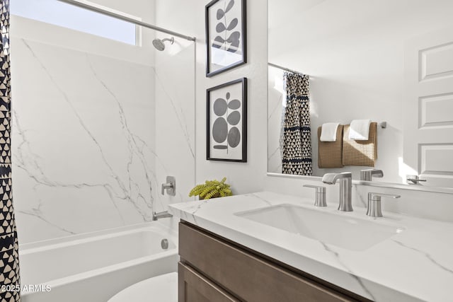 full bathroom featuring vanity, shower / bath combo, and toilet