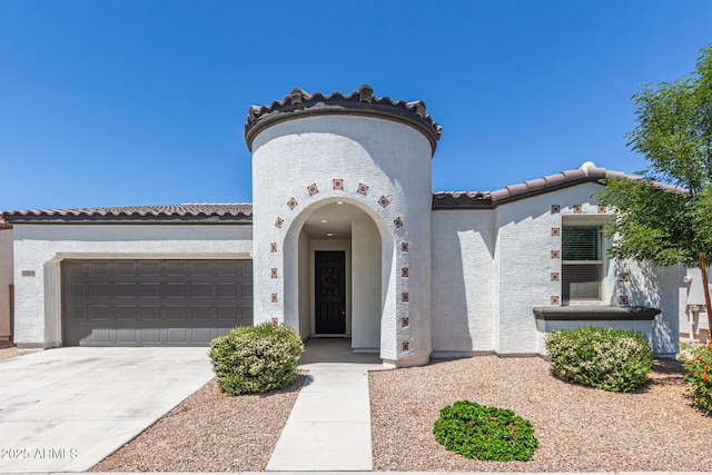 22876 E Via Del Sol, Queen Creek, AZ 85142 - mediterranean / spanish home featuring a tile roof, stucco siding, a garage, and driveway