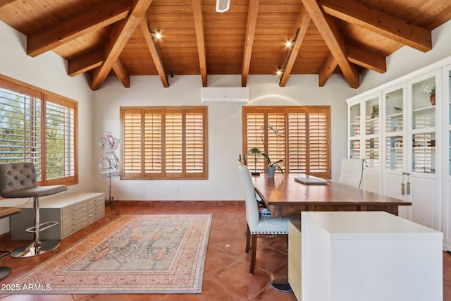 dining room with wood ceiling, tile patterned floors, lofted ceiling with beams, and a wall mounted air conditioner