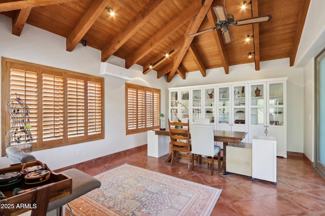 tiled home office featuring ceiling fan, high vaulted ceiling, beamed ceiling, and wooden ceiling