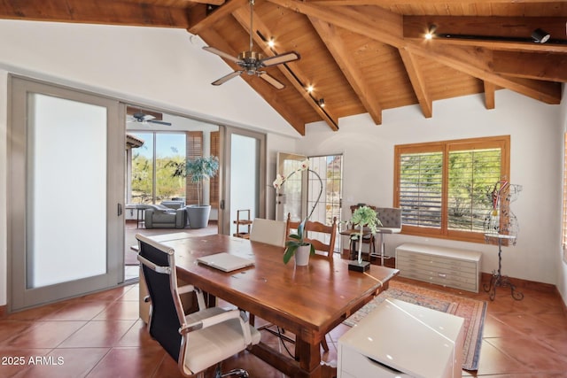 tiled dining space with ceiling fan, wood ceiling, beam ceiling, and high vaulted ceiling