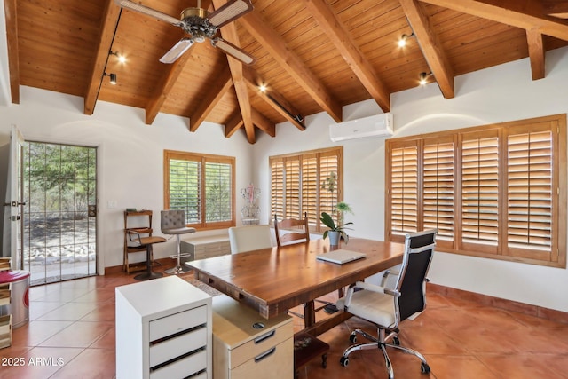 office space featuring beam ceiling, light tile patterned floors, wood ceiling, and a wall mounted air conditioner