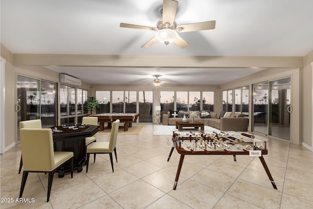 dining area with a ceiling fan, an AC wall unit, billiards, and light tile patterned floors