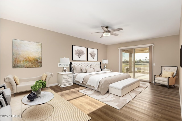 bedroom with access to outside, baseboards, ceiling fan, and wood finished floors