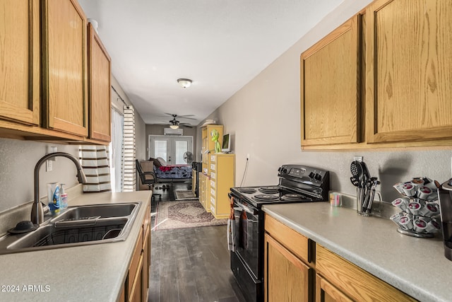 kitchen with sink, french doors, ceiling fan, black / electric stove, and dark wood-type flooring