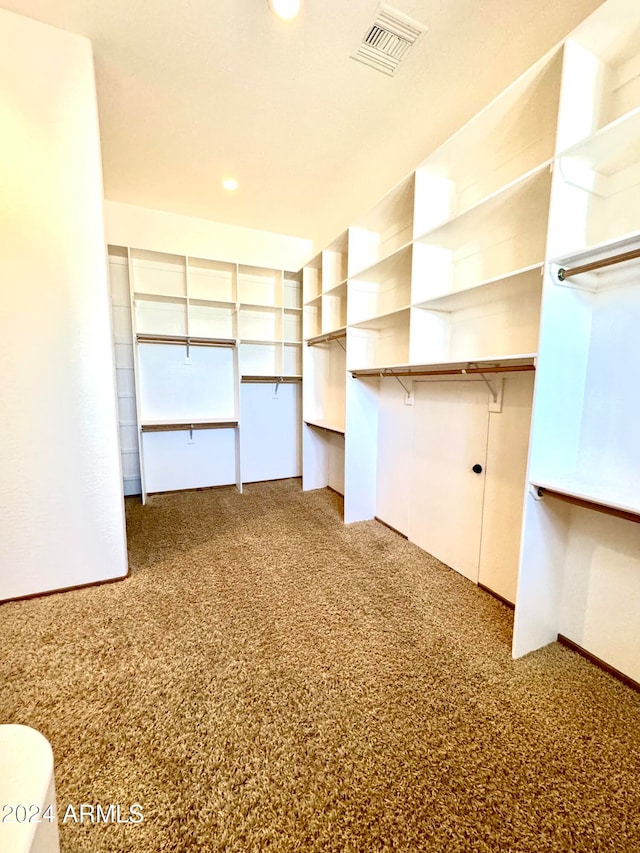 walk in closet featuring built in desk and carpet