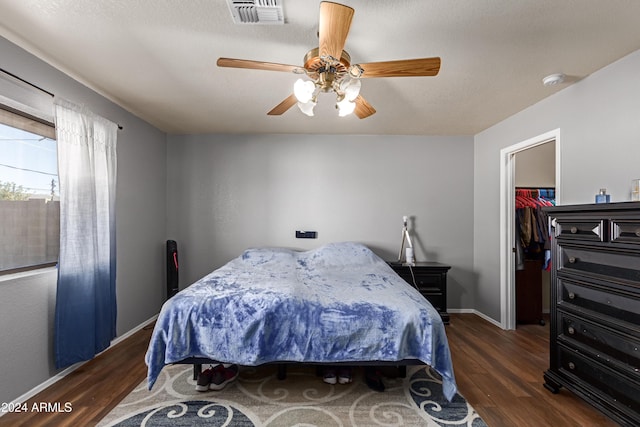 bedroom with ceiling fan, a spacious closet, dark wood-type flooring, and a closet