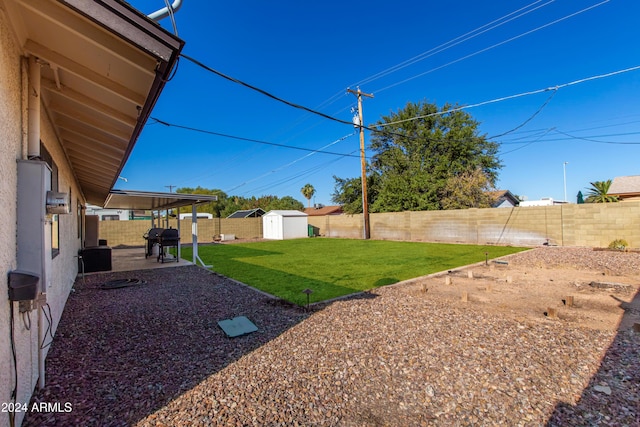 view of yard featuring a patio and a storage unit