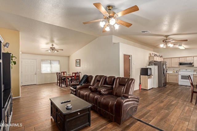 living room featuring a textured ceiling, vaulted ceiling, and dark wood-type flooring