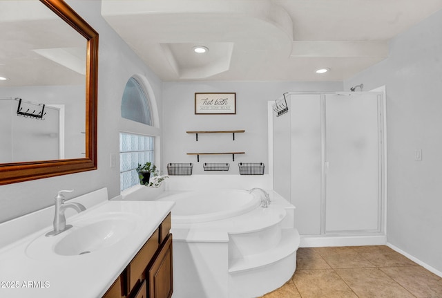 941 E Stirrup Ln, San Tan Valley, AZ 85143 - bathroom featuring a stall shower, vanity, a bath, tile patterned floors, and recessed lighting