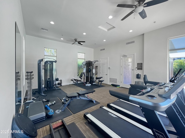 gym featuring ceiling fan, recessed lighting, and visible vents