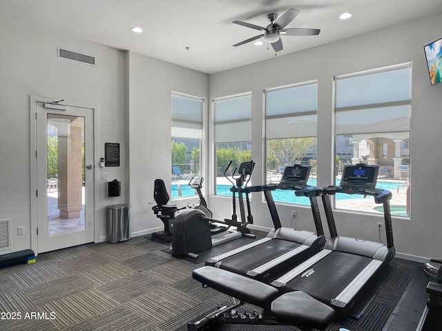 exercise room with visible vents, ceiling fan, recessed lighting, and baseboards