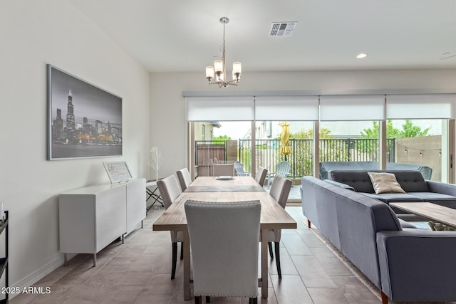 dining room featuring visible vents, recessed lighting, a chandelier, and baseboards