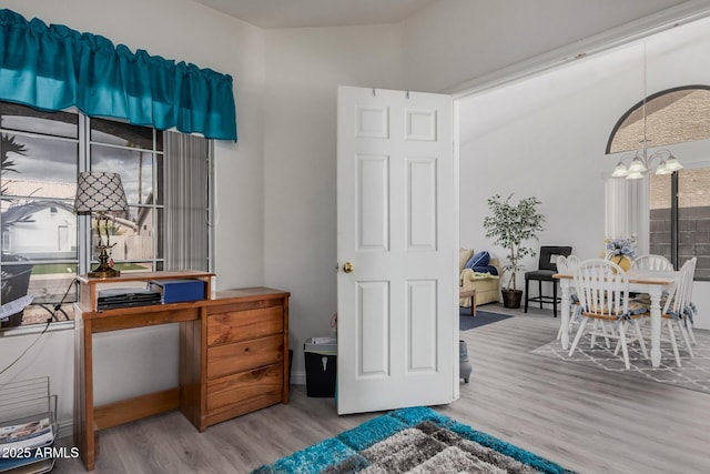 bedroom with a chandelier, multiple windows, and wood finished floors