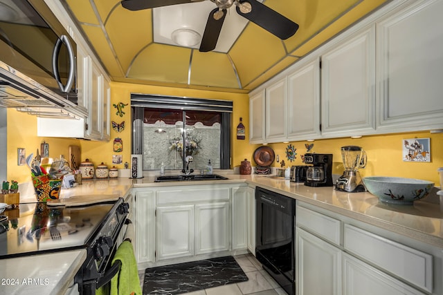 kitchen with white cabinets, sink, ceiling fan, and black appliances