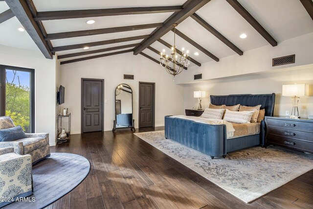 bedroom with dark wood-type flooring, a chandelier, and beamed ceiling