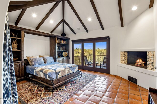 bedroom with tile patterned flooring, access to exterior, and vaulted ceiling with beams