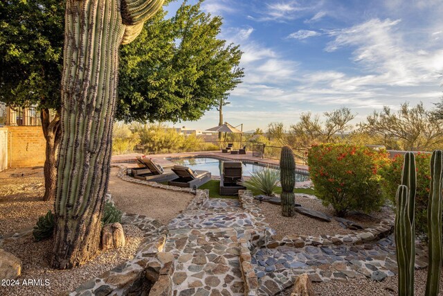 view of yard with a fenced in pool and a patio area