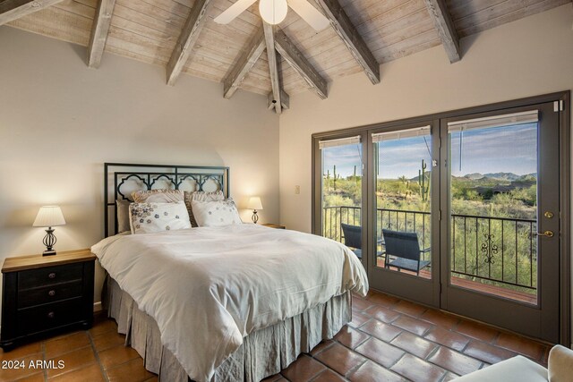 tiled bedroom featuring lofted ceiling with beams, ceiling fan, access to exterior, and wood ceiling