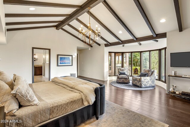 bedroom featuring connected bathroom, high vaulted ceiling, wood-type flooring, beam ceiling, and an inviting chandelier