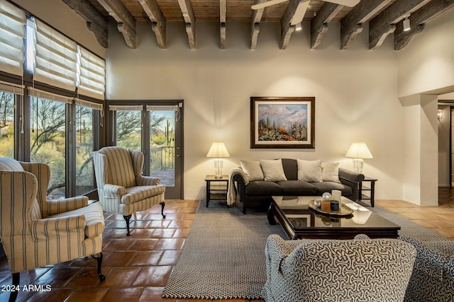 living room with wooden ceiling and beam ceiling