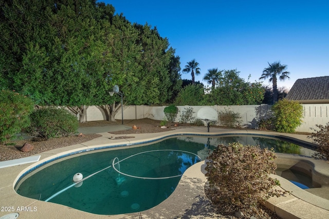 view of swimming pool with a jacuzzi, a fenced backyard, and a fenced in pool