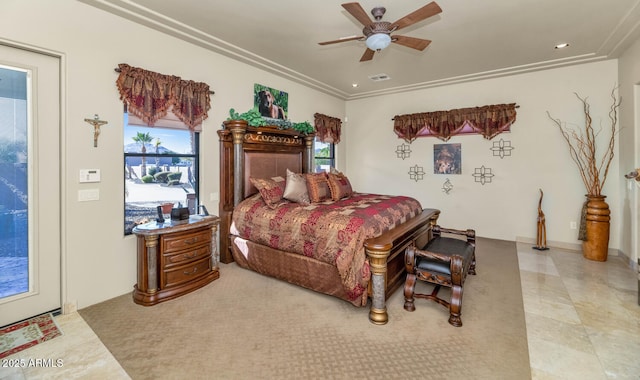 bedroom featuring ceiling fan and ornamental molding