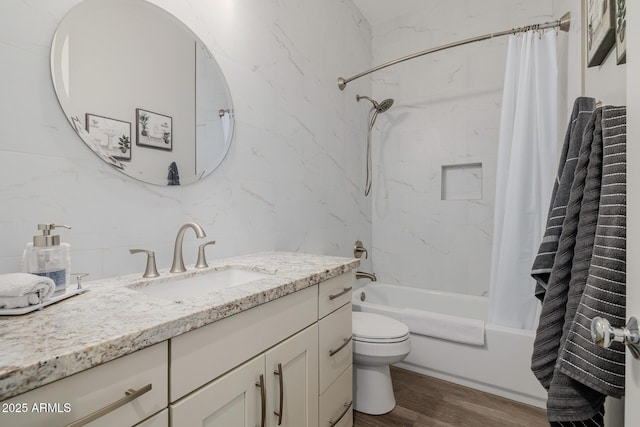 full bathroom with toilet, wood-type flooring, tile walls, vanity, and shower / bathtub combination with curtain