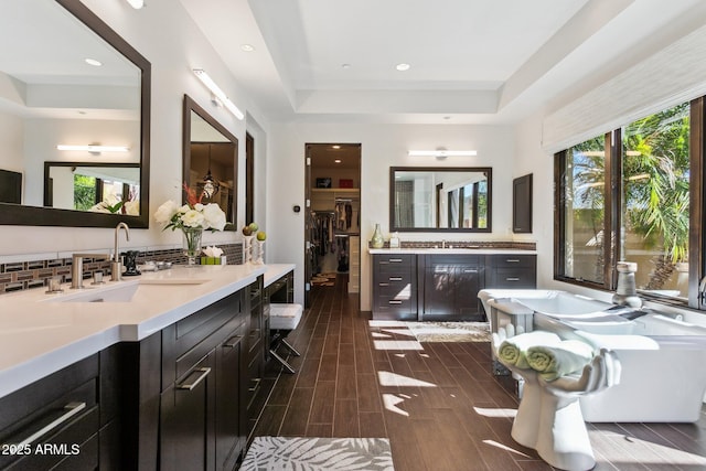 bathroom featuring vanity, decorative backsplash, and a tray ceiling