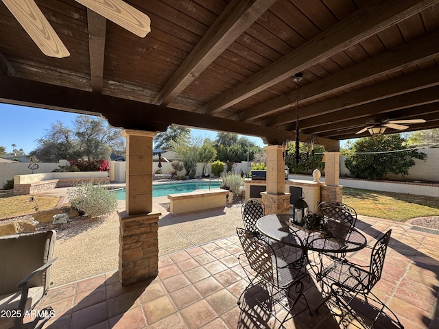 view of patio featuring ceiling fan and a fenced in pool